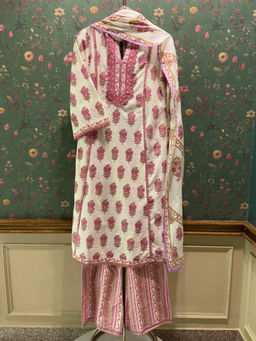 HERITAGE - White And Pink Floral Cotton Kurta With Pant & Dupatta