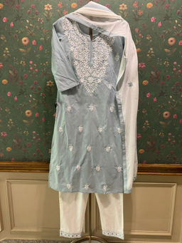 HERITAGE - Green Cotton Chikankari Kurta With Pant & Dupatta