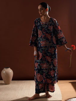 HERITAGE - Navy Blue Floral Cotton Kurta With Pant