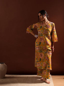 HERITAGE - Mustard Yellow Floral Cotton Kurta With Pant
