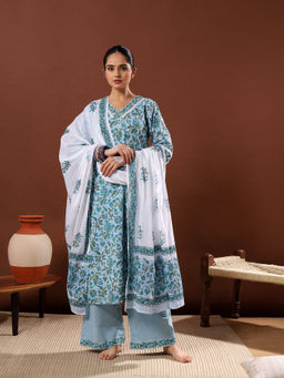 HERITAGE - Nilofer Charm Sky Blue Cotton Kurta With Pant & Dupatta