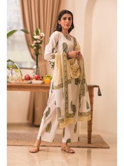 HERITAGE - White Paisley Hand Block Cotton Kurta With Pant & Dupatta