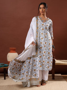 HERITAGE - Gulnar Hand Block Cotton Kurta With Pant & Dupatta White And Mustard Bloom