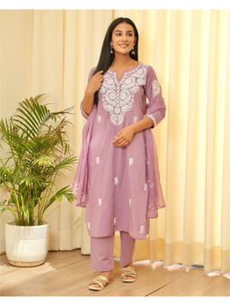 GULABI DORI - Lilac And White Embroidered Cotton Kurta With Pant & Dupatta