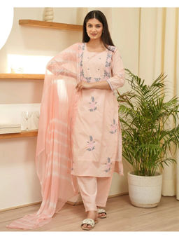 GULABI DORI - Cream Pink Embroidered Cotton Kurta With Pant & Dupatta