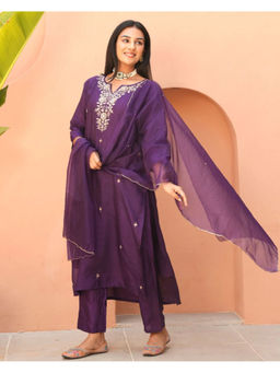 GULABI DORI - Purple Handwork Embroidered Kurta With Pant & Dupatta