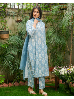 GULABI DORI - Powder Blue Cotton Kurta With Pant & Dupatta With Lace Work