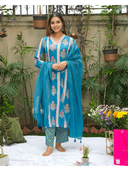 GULABI DORI - Nautical Blue Cotton Modal Kurta With Pant & Dupatta