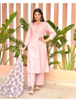 GULABI DORI - Peach Cotton Kurta With Pant & Dupatta With Lace Work