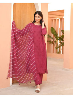GULABI DORI - Wine Kota Doria Kurta With Pant & Dupatta With Embroidery