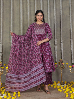 ARAMYA - Purple Soft Cotton Panelled Floral Print Anarkali Kurta With Palazzo & Dupatta