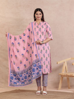 ARAMYA - Pink Soft Cotton Straight Floral Print Kurta With Pant & Dupatta