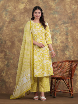 ARAMYA - Green Soft Cotton A-Line Floral Print Kurta With Pant & Dupatta