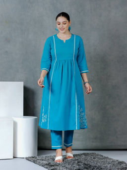 ARAMYA - Blue Linen Cotton Panelled Solid Kurta with Pant