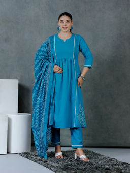 ARAMYA - Blue Linen Cotton Panelled Solid Kurta With Pant & Dupatta