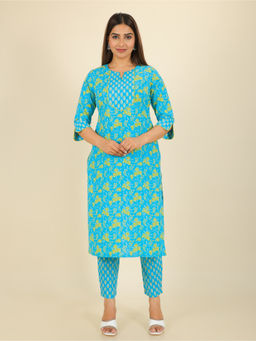 ARAMYA - Green Soft Cotton Straight Floral Print Kurta with Pant