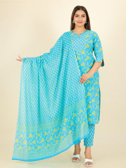 ARAMYA - Green Soft Cotton Straight Floral Print Kurta With Pant & Dupatta