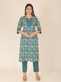 ARAMYA - Blue Soft Cotton Straight Floral Print Kurta with Pant