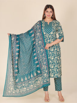 ARAMYA - Blue Soft Cotton Straight Floral Print Kurta With Pant & Dupatta