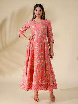 ARAMYA - Pink Soft Cotton Anarkali Floral Print Kurta with Pant