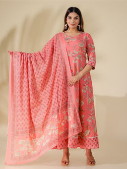 ARAMYA - Pink Soft Cotton Anarkali Floral Print Kurta With Pant & Dupatta