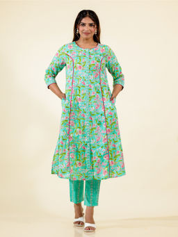 ARAMYA - Green Soft Cotton A-Line Floral Print Kurta With Pant