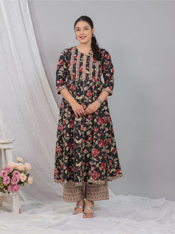 ARAMYA - Black Soft Cotton Flared Floral Print Anarkali Kurta With Palazzo For Women