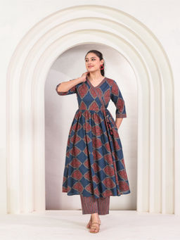 ARAMYA - Blue Soft Cotton Angrakha Geometric Print Kurta With Palazzo For Women