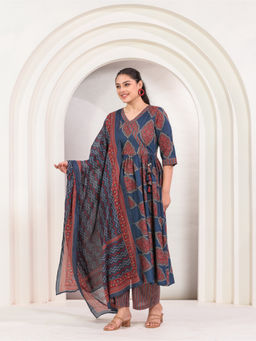 ARAMYA - Blue Soft Cotton Angrakha Geometric Print Kurta With Palazzo & Dupatta With Dupatta