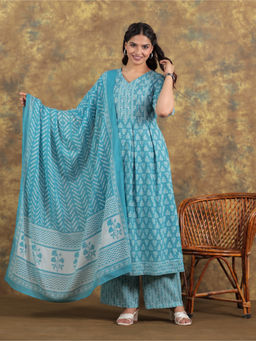 ARAMYA - Blue Soft Cotton A-Line Block Print Kurta With Palazzo & Dupatta