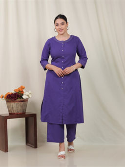 ARAMYA - Purple Viscose A-Line Solid Kurta With Pant