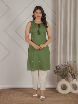 ARAMYA - Green Soft Cotton Geometric Print Kurta With Pant