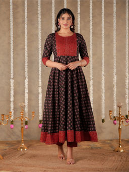 ARAMYA - Black Soft Cotton Anarkali Block Print Kurta With Pant