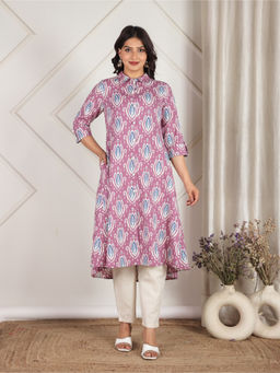 ARAMYA - Purple Linen Cotton Ikat Print Kurta With Pant