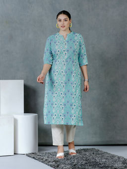 ARAMYA - Green Linen Cotton Straight Paisley Print Kurta With Pant