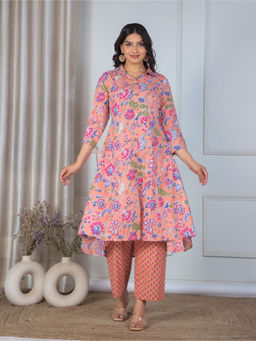 ARAMYA - Peach Soft Cotton High Low Floral Print Kurta With Pant