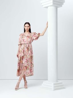 VERO MODA - Pink Floral Print Midi Dress with Belt (Set of 2)