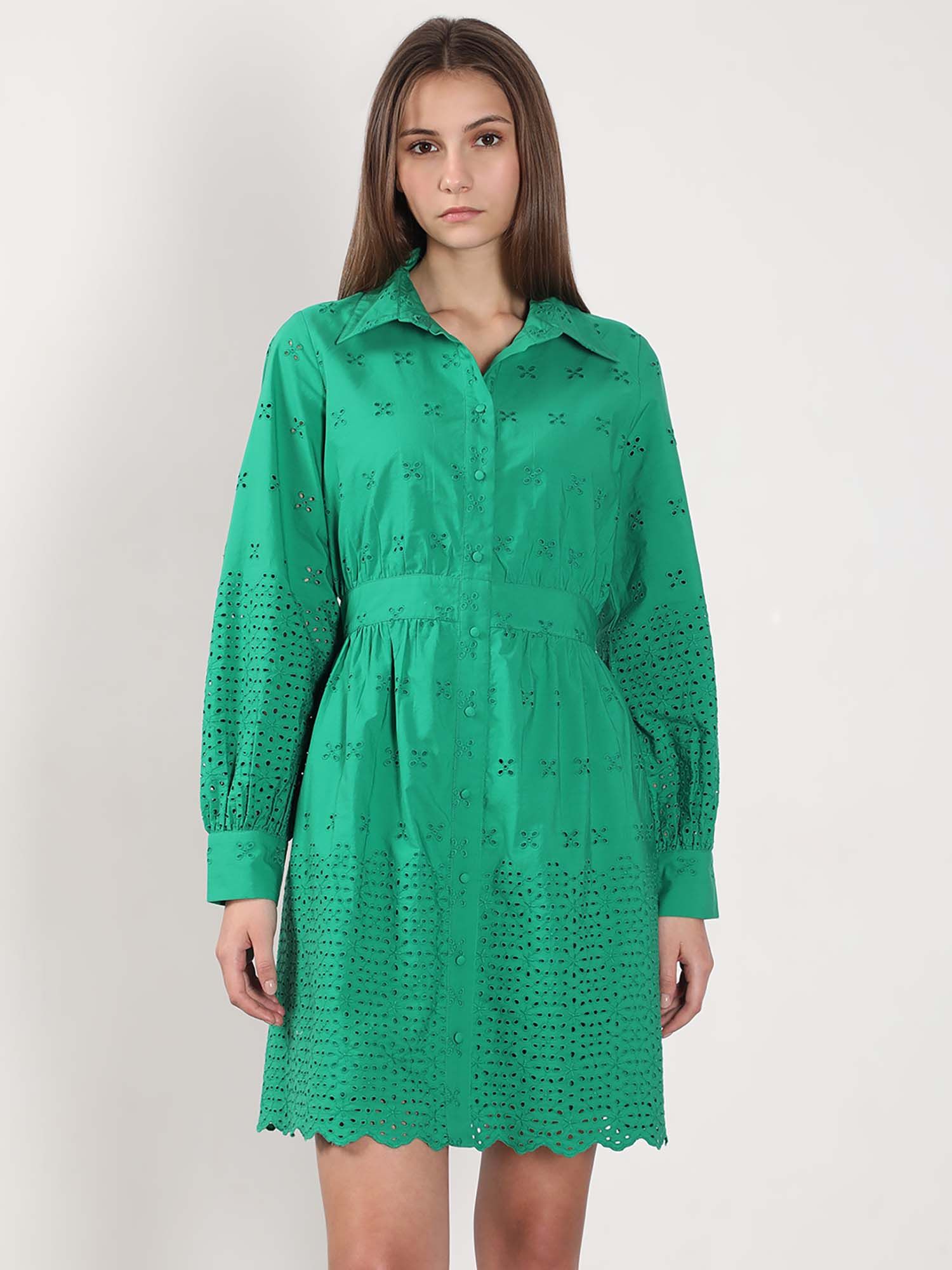 Green Cutwork Cotton Shirt Dress-image-32
