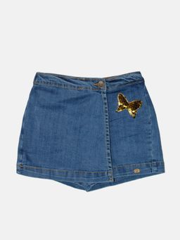 KiddoPanti - Blue Girls Denim Over Lap Shorts With Applique