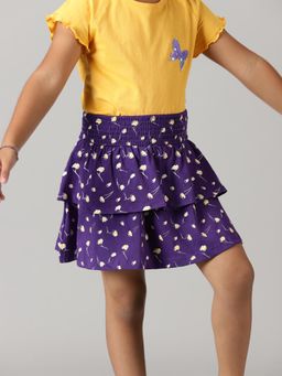 KiddoPanti - Purple Girls Knit AOP Printed Layered Skirt