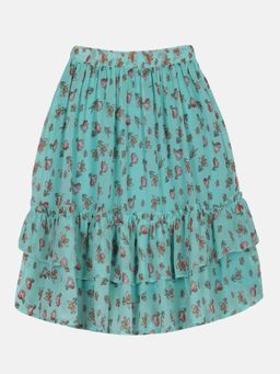 KiddoPanti - Aqua Girls Frill Layered Flared Printed Skirt