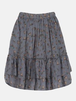 KiddoPanti - Grey Girls Frill Layered Flared Printed Skirt