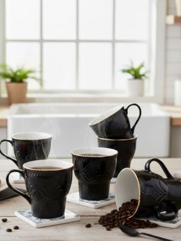 CLAY CRAFT - Aster Black Fine Ceramic 120ml Tea Cups (Pack of 6)