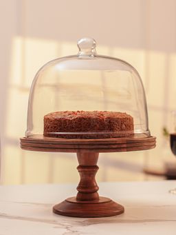 IREKA HOMES - Party Bell Acacia Wood Cake Stand with Glass Dome