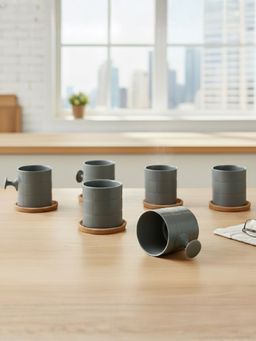 CLAY CRAFT - Bold Checkmate Grey Fine Ceramic 200ml Tea Cups (Pack of 6)