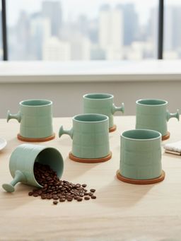 CLAY CRAFT - Bold Checkmate Teal Fine Ceramic 200ml Tea Cups (Pack of 6)