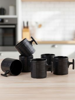 CLAY CRAFT - Grid Checkmate Black Fine Ceramic 180ml Tea Cups (Pack of 6)