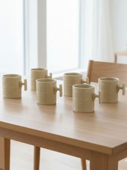 CLAY CRAFT - Grid Checkmate Olive Fine Ceramic 180ml Tea Cups (Pack of 6)