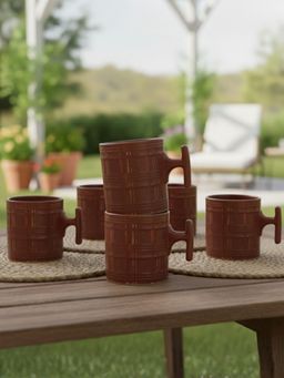 CLAY CRAFT - Grid Checkmate Plum Fine Ceramic 180ml Tea Cups (Pack of 6)