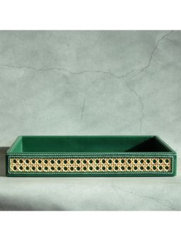 STOR - Emerald Green PU Leather & Rattan Serving Tray
